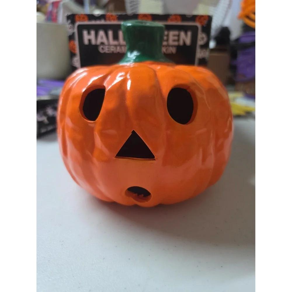 Vintage Halloween Pumpkin Earthenware Jack O' Lantern Ceramic Candle Cover